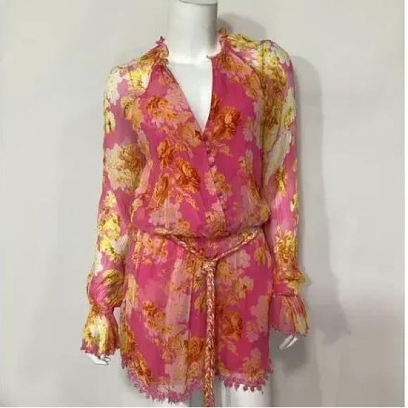 HEMANT AND NANDITA Auril Crinkle Chiffon Romper In Pink - Picture 3 of 6